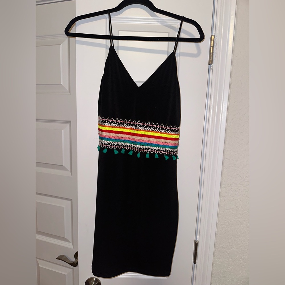 Black multi-colored embroidered mini dress with back cutout